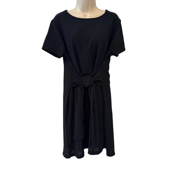 PrettyGarden Black Silky‎ Short Sleeve Lined Dress with Middle Tie Medium NWT - Picture 1 of 8